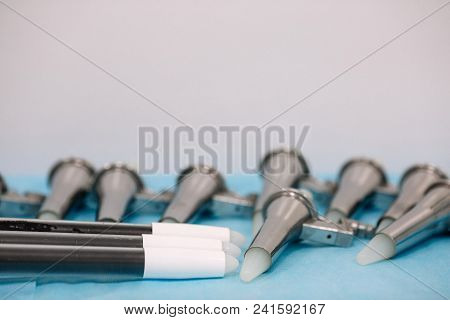 Anoscopes, Proctoscopes And Rectoscopes On The Blue Medical Tablecloth