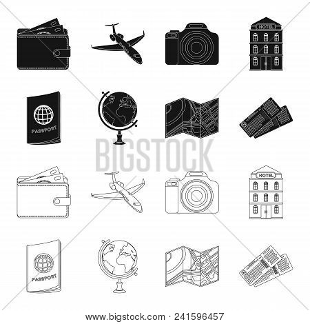 Vacation, Travel, Passport, Globe .rest And Travel Set Collection Icons In Black, Outline Style Vect