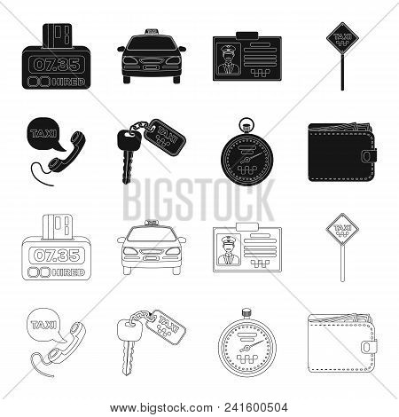 Handset With The Inscription Of A Taxi, Car Keys With A Key Fob, A Stopwatch With A Fare, A Purse Wi