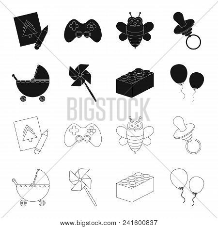Stroller, Windmill, Lego, Balloons.toys Set Collection Icons In Black, Outline Style Vector Symbol S