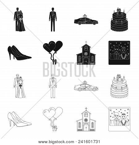 Wedding And Attributes Black, Outline Icons In Set Collection For Design.newlyweds And Accessories V