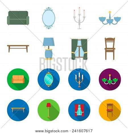 A Coffee Table, A Lamp, Curtains, A Chair.furniture Set Collection Icons In Cartoon, Flat Style Vect