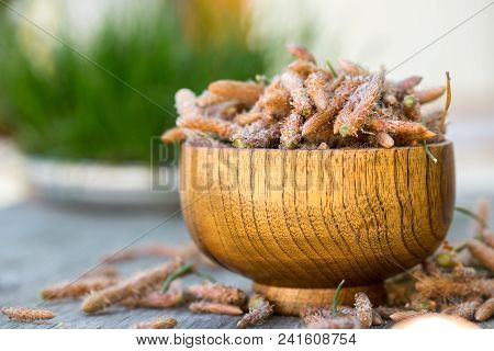 Pine Tree Needles. Pine Buds In A Wooden Bowl On A Table. Dietary Supplements And Traditional Medici
