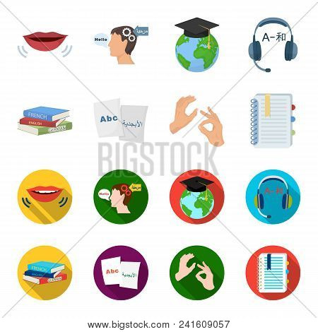 A Pile Of Books In Different Languages, Sheets Of Paper With Translation, A Gesture Of Deaf Mutes, A
