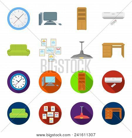 Comfortable Sofa, Letters And Diplomas Within The Framework, An Office Ceiling Lamp, A Desk With Dra