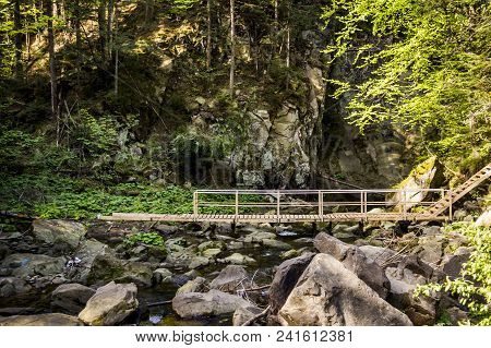Wooden Footbridge At The Kamianka River (a Right Tributary Of The Opir River) Near The Kamianetskyi 