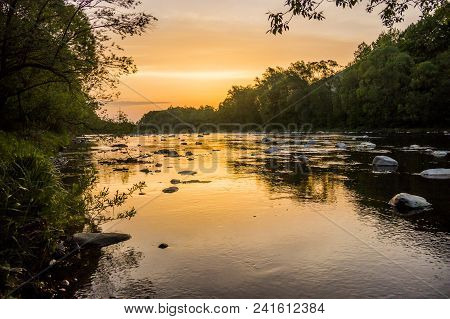 Opir River At Sunrise In The Carpathian National Park Skolevski Beskidy, Lviv Region Of Western Ukra
