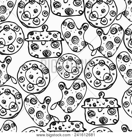 Seamless Pattern With Kitchen Tools : Plate, Cup, Pan. Hand Drawn Vector Ornament. For Menu Backgrou