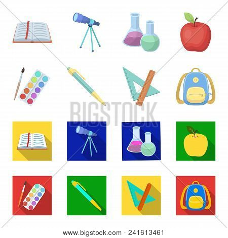 Multicolored Paints With A Tassel, Pen, Triangle And Ruler, Satchel, Briefcase. School And Education
