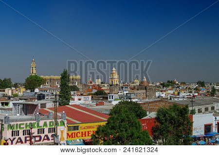 Cholula, Mexico - January 20, 2010: Aerial View Of Cholula City With Convent Of San Gabriel At Backg