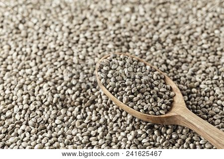 Hemp Seeds Are Scattered As A Background, On Top Lies A Rustic Wooden Spoon