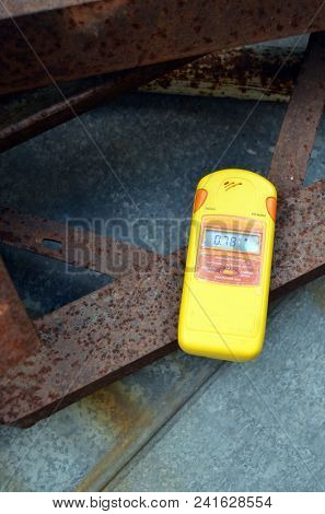 Metal of the Chernobyl Zone for export to Europe. The radiometer gives readings in micro-Sieverts. Logos removed