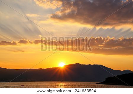 Sunrise Over Peljesac Peninsula And Peljeski Strait Seen From Korcula, Croatia.