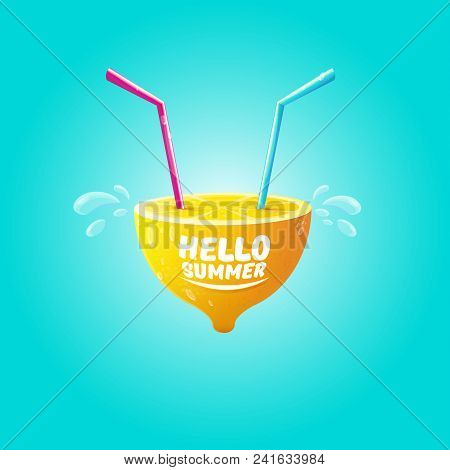 Vector Hello Summer Beach Party Flyer Design Template With Fresh Lemon Isolated On Azure Background.