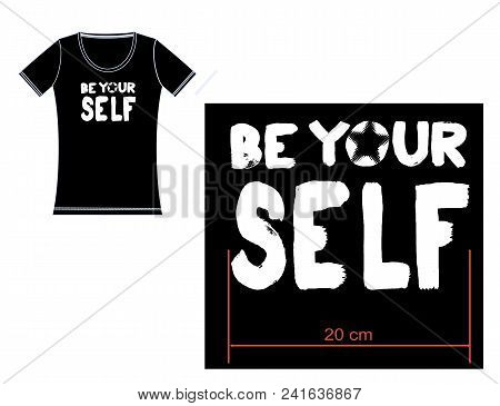Black Color T- Shirt Front Part With Slogan Print On It. Artwork