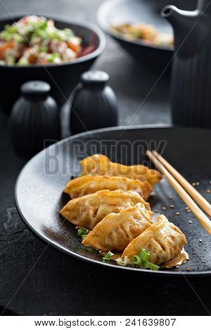 Fried Potstickers With Green Onions On Black Plate