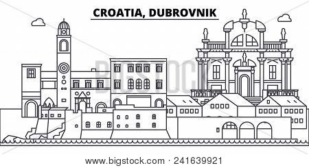 Croatia, Dubrovnik Line Skyline Vector Illustration. Croatia, Dubrovnik Linear Cityscape With Famous