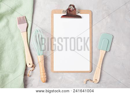 Paper Clipboard With Empty Space And Kitchen Utensils Top View