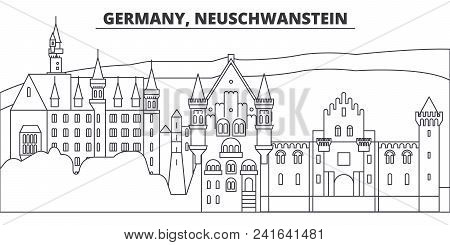 Germany, Neuschwanstein Line Skyline Vector Illustration. Germany, Neuschwanstein Linear Cityscape W