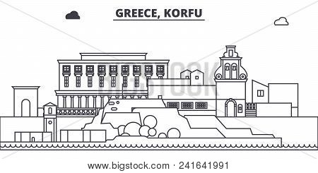 Greece, Korfu Line Skyline Vector Illustration. Greece, Korfu Linear Cityscape With Famous Landmarks