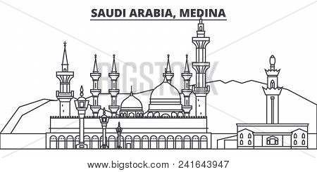 Saudi Arabia, Medina Line Skyline Vector Illustration. Saudi Arabia, Medina Linear Cityscape With Fa