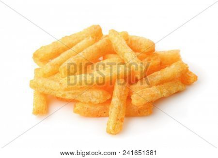 Pile of cheese puffs isolated in white