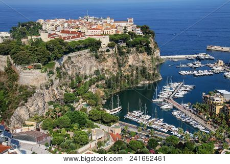 View Of Monaco City And Boat Marina Below In Monaco. Monaco City Is One Of The Four Traditional Quar