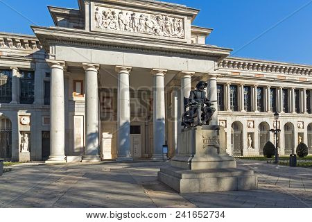 Madrid, Spain - January 22, 2018: Velazquez Statue In Front Of Museum Of The Prado In City Of Madrid