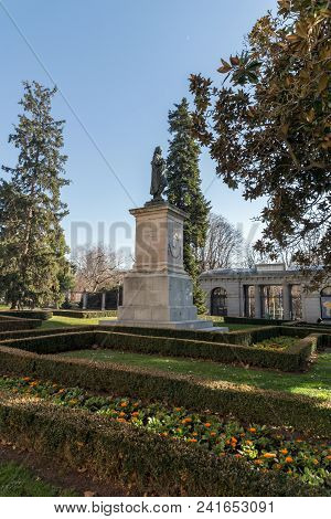 Madrid, Spain - January 22, 2018: Plaza Murillo In Front Of Museum Of The Prado In City Of Madrid, S