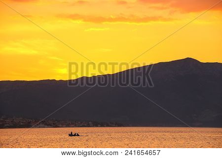 Sunrise Over Peljesac Peninsula And Peljeski Strait Seen From Korcula, Croatia.