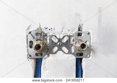 Water Pipes Made Of Polypropylene Pex In The Wall, Plumbing In The House. Installation Of Sewer Pipe