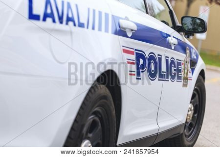 Laval, Canada: May 19, 2018. A Real Police Car Of The Municipal Police Department In Laval Town, Dur