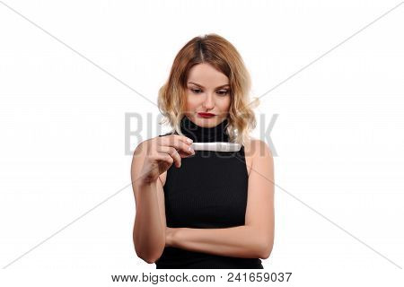 Shocked Upset Woman Looking At Pregnancy Test