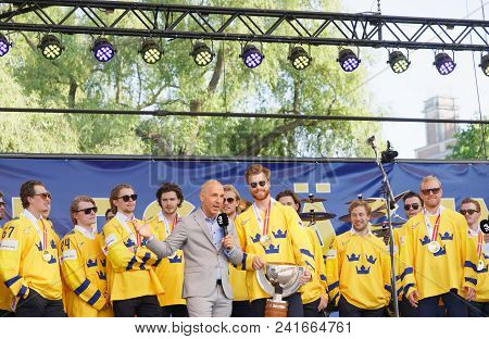 Stockholm, Sweden - May 21, 2018: Swedish Ice Hockey Players Winning The World Championship, Getting