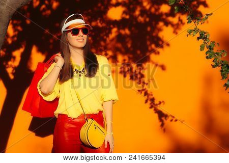 Summer Sale Shopping Girl With Sun Glasses And Sun Visor