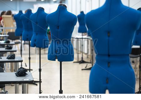 Nterior Of Garment Factory Shop. Closes Making Atelier With Several Sewing Machines. Tailoring Indus