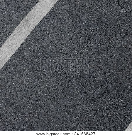 New Asphalt Texture With White Dashed Line. Top View.
