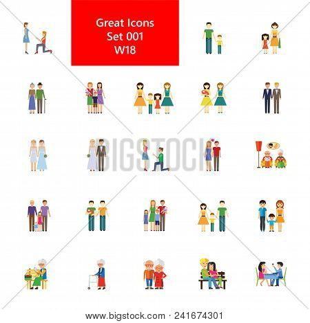Icon Set Of Human Relationships. Family, Couple, Dating. People Concept. For Topics Like Relations, 