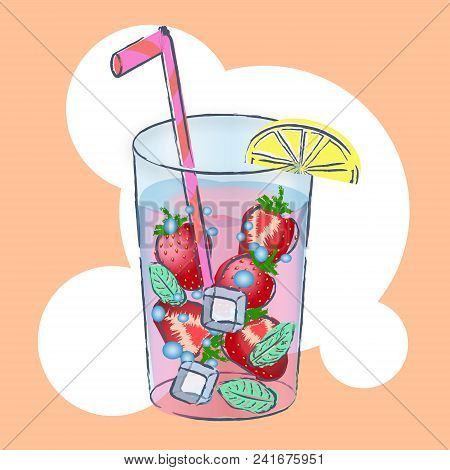 Huge Glass With Exotic Cocktail And Summer Greeting On The Tropical Beach - Vector Illustration