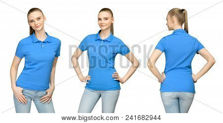 Set Promo Pose Girl In Blank Blue Polo Shirt Mockup Design For Print And Concept Template Young Woma