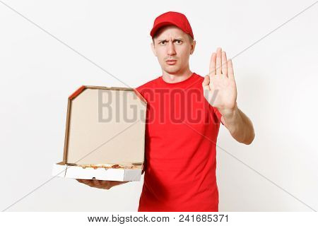 Delivery Shocked Man In Red Uniform Isolated On White Background. Male Pizzaman In Cap, T-shirt Work