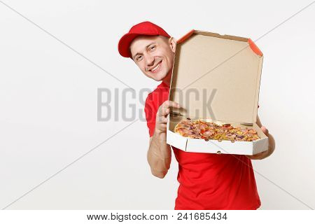 Delivery Smiling Man In Red Uniform Isolated On White Background. Male Pizzaman In Cap, T-shirt Work