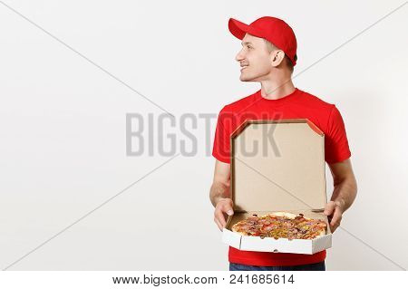 Delivery Smiling Man In Red Uniform Isolated On White Background. Male Pizzaman In Cap, T-shirt Work
