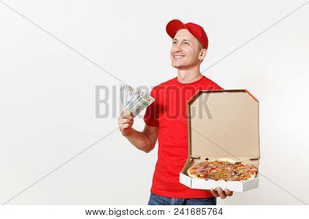 Delivery Man In Red Uniform Isolated On White Background. Male In Cap, T-shirt Working As Courier Ho