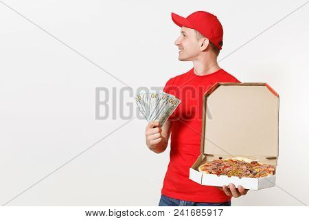 Delivery Man In Red Uniform Isolated On White Background. Male In Cap, T-shirt Working As Courier Ho