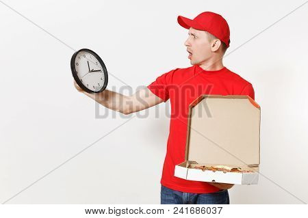 Delivery Man In Red Uniform Isolated On White Background. Male In Cap, T-shirt Working As Courier Ho