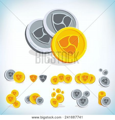 Nem, 2d Cartoon Coin, Digital Currency, сryptocurrency. Golden Coins With Symbol Isolated On White B