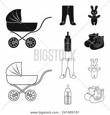 Stroller, Bottle With A Pacifier, Toy, Sliders.baby Born Set Collection Icons In Black, Outline Styl