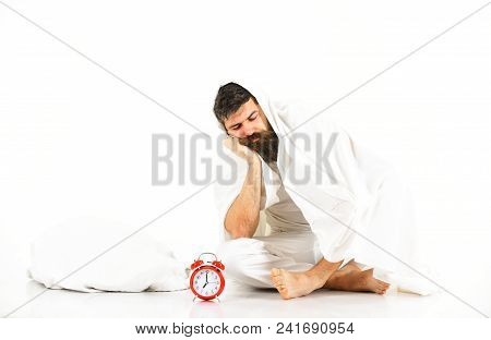 Man Wants To Stay In Bed, White Background. Guy Hides Under Blanket. Lazy And Overslept Concept. Man