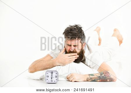 Man With Tattoo Sleep, Morning, Need To Get Up, White Background, Top View. Hipster With Beard And M